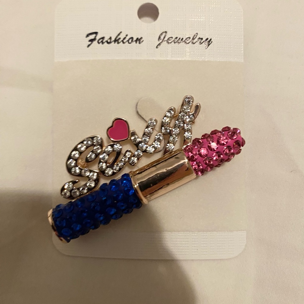 Fashion Jewelry Pink and Blue Lipstick Brooch
